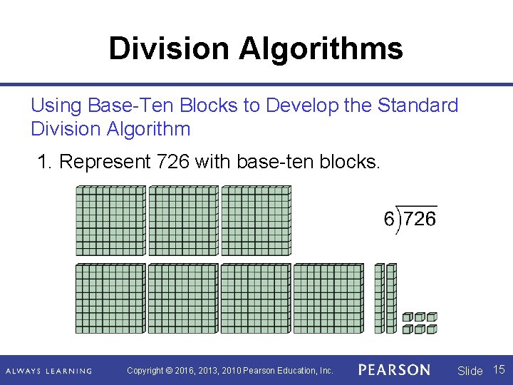 Division Algorithms Using Base-Ten Blocks to Develop the Standard Division Algorithm 1. Represent 726