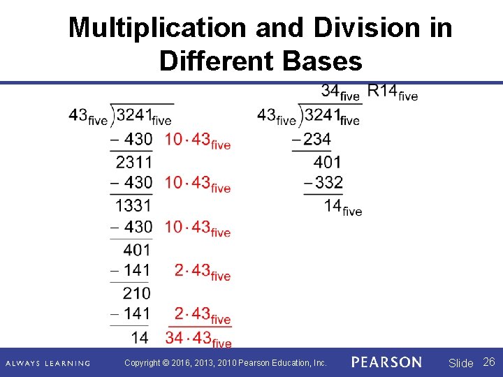 Multiplication and Division in Different Bases Copyright © 2016, 2013, 2010 Pearson Education, Inc. Multiplication and Division in Different Bases Copyright © 2016, 2013, 2010 Pearson Education, Inc.