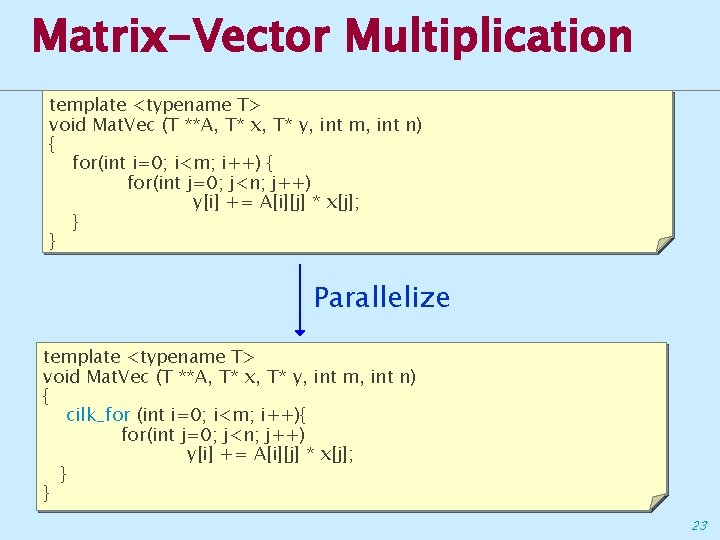 Matrix-Vector Multiplication template <typename T> void Mat. Vec (T **A, T* x, T* y,