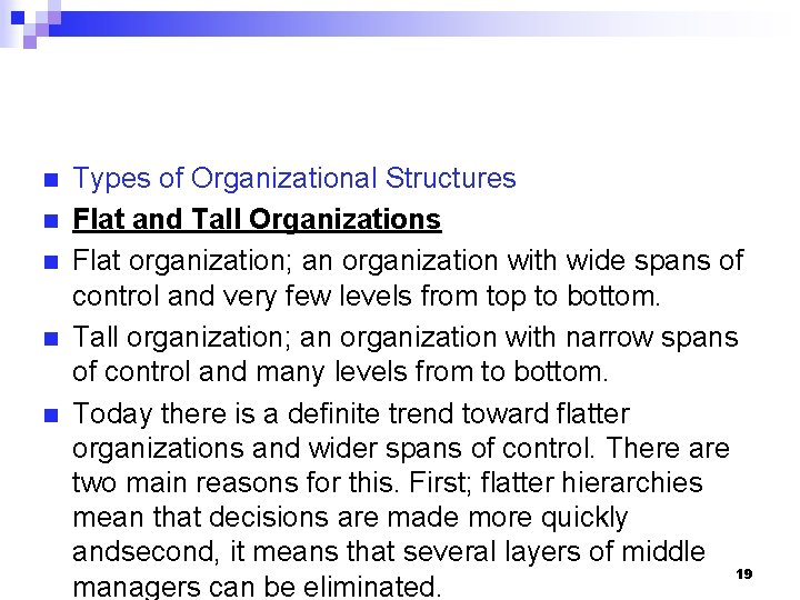 n n n Types of Organizational Structures Flat and Tall Organizations Flat organization; an