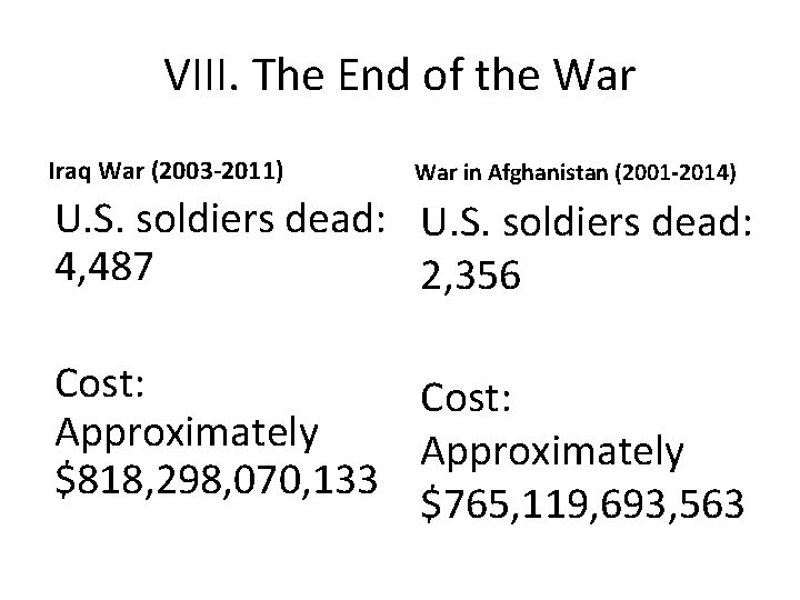 VIII. The End of the War Iraq War (2003 -2011) War in Afghanistan (2001