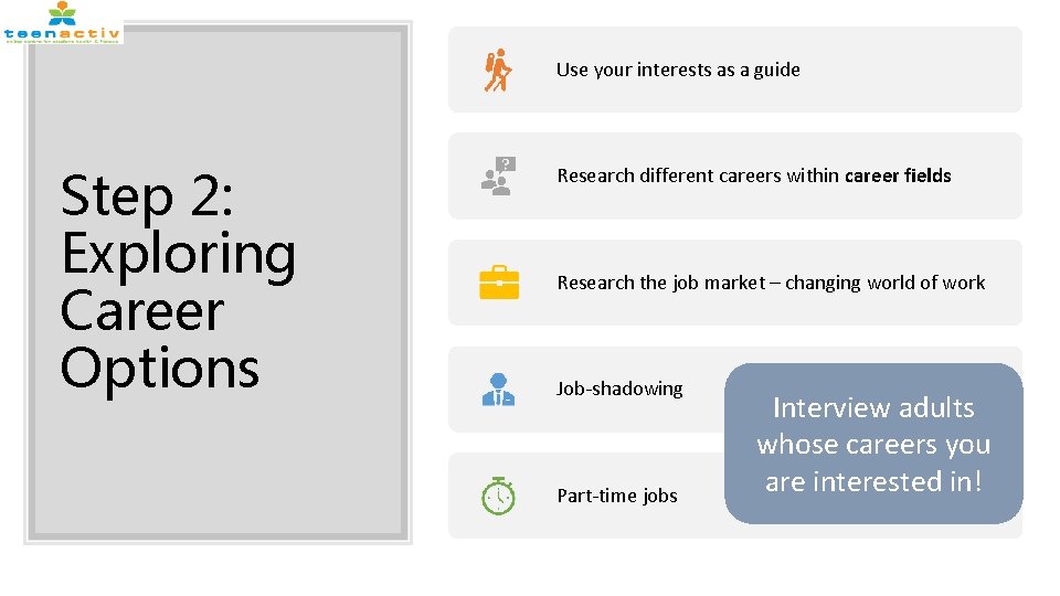 Use your interests as a guide Step 2: Exploring Career Options Research different careers