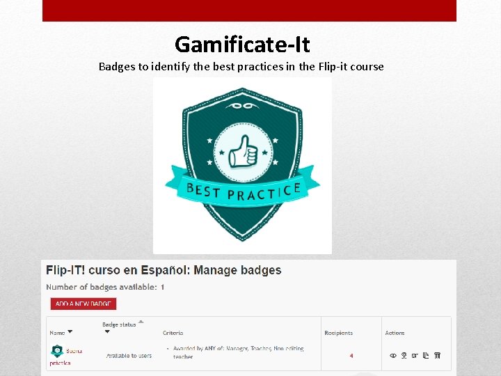 Gamificate-It Badges to identify the best practices in the Flip-it course 