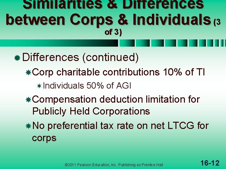 Similarities & Differences between Corps & Individuals (3 of 3) ® Differences Corp (continued)