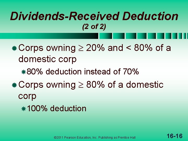Dividends-Received Deduction (2 of 2) owning 20% and < 80% of a domestic corp