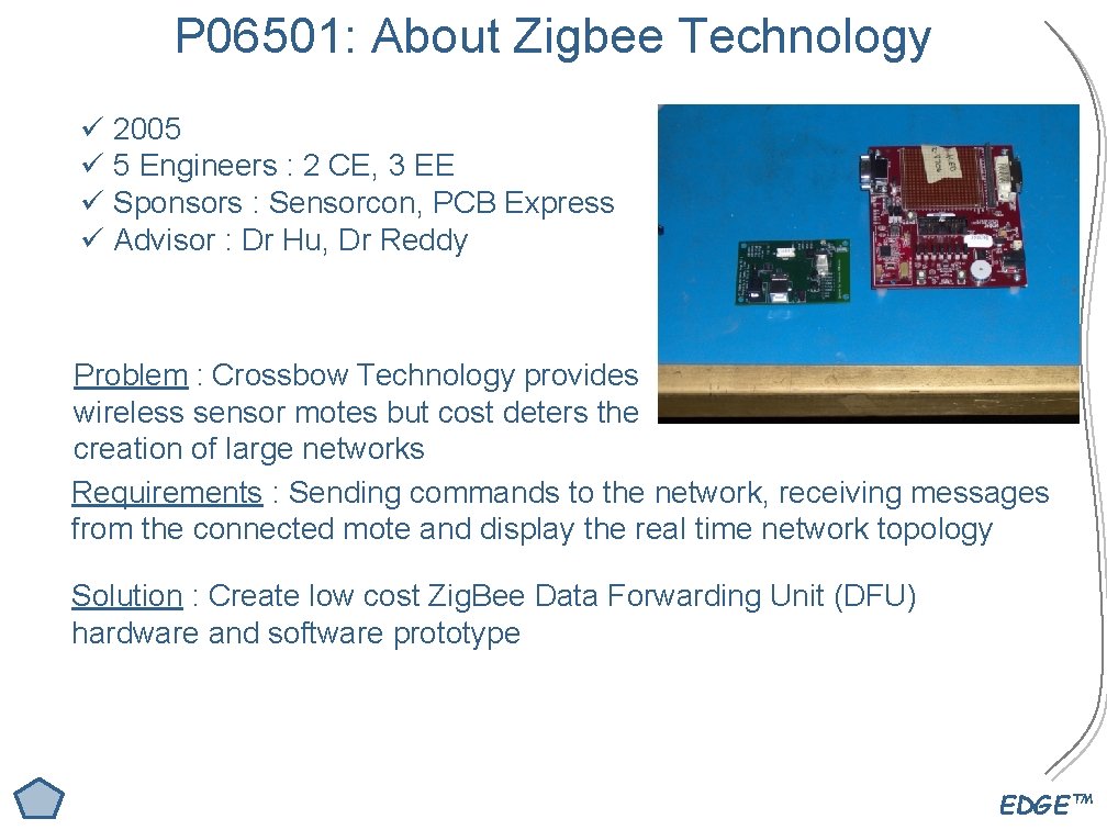 P 06501: About Zigbee Technology ü 2005 ü 5 Engineers : 2 CE, 3