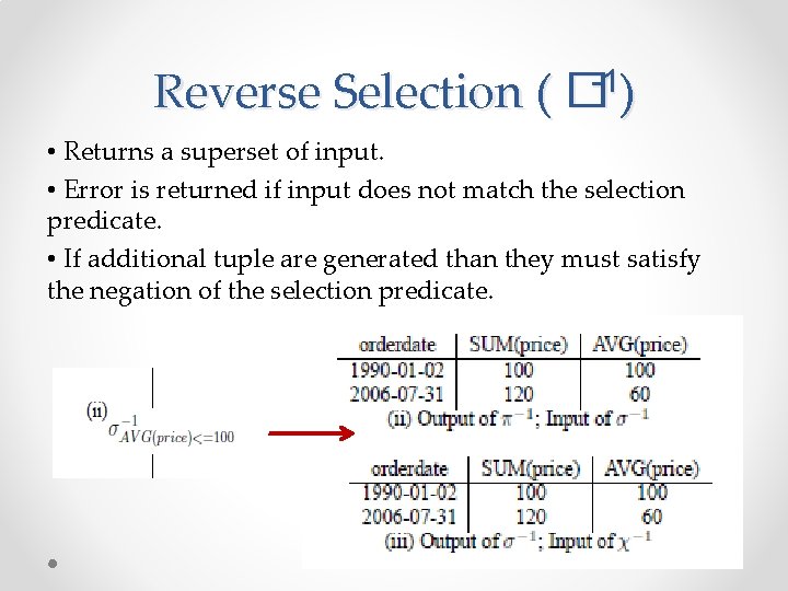 Reverse Selection ( �-1) • Returns a superset of input. • Error is returned