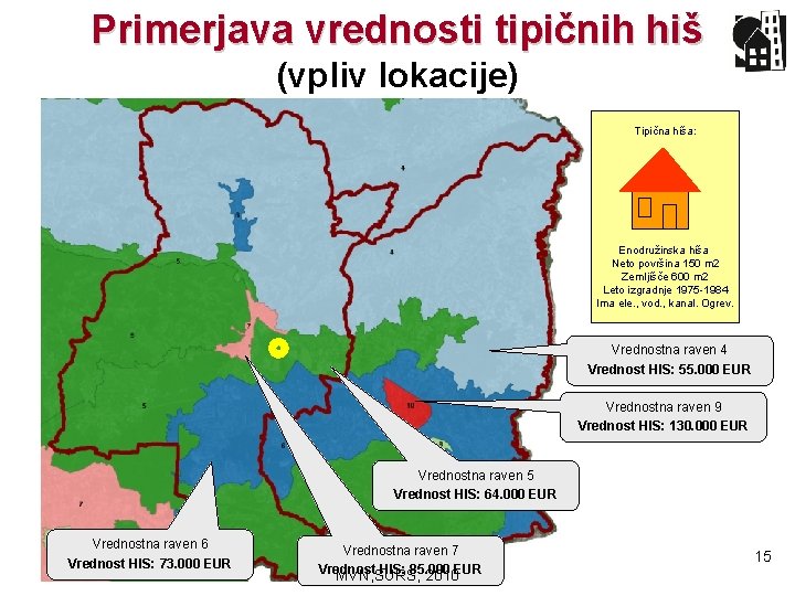 Primerjava vrednosti tipičnih hiš (vpliv lokacije) Tipična hiša: Enodružinska hiša Neto površina 150 m