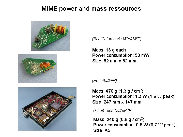 MIME power and mass ressources (Bepi. Colombo/MMO/AM 2 P) Mass: 13 g each Power