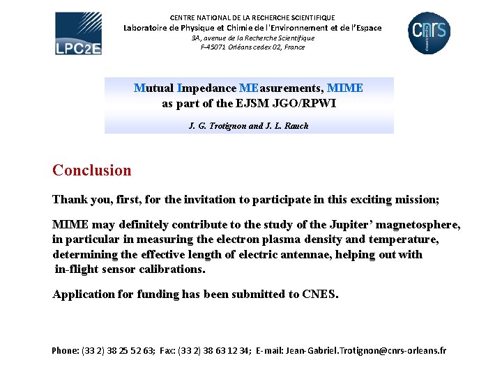 CENTRE NATIONAL DE LA RECHERCHE SCIENTIFIQUE Laboratoire de Physique et Chimie de l'Environnement et