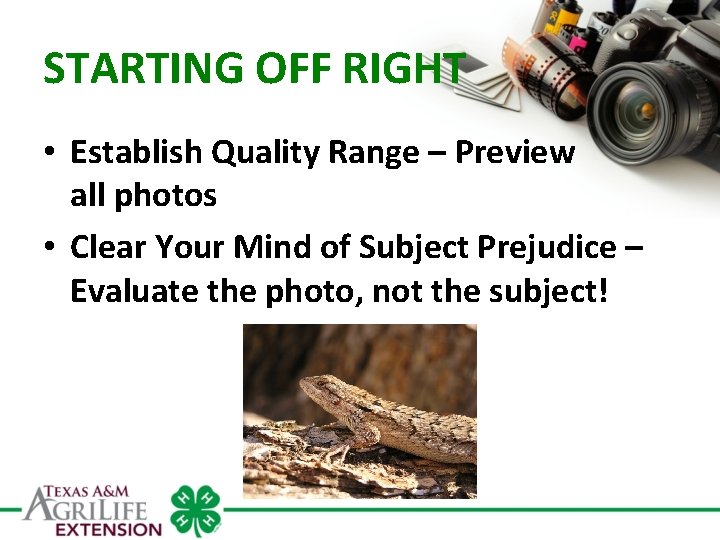 STARTING OFF RIGHT • Establish Quality Range – Preview all photos • Clear Your