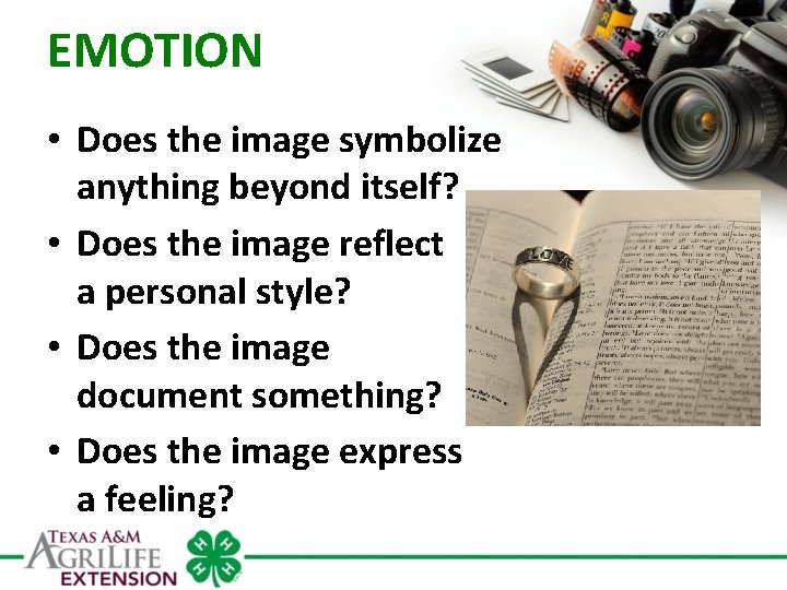 EMOTION • Does the image symbolize anything beyond itself? • Does the image reflect