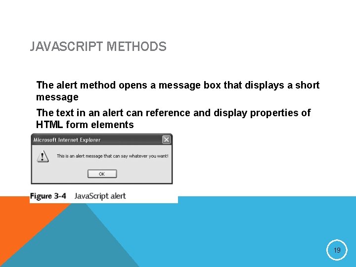 JAVASCRIPT METHODS The alert method opens a message box that displays a short message