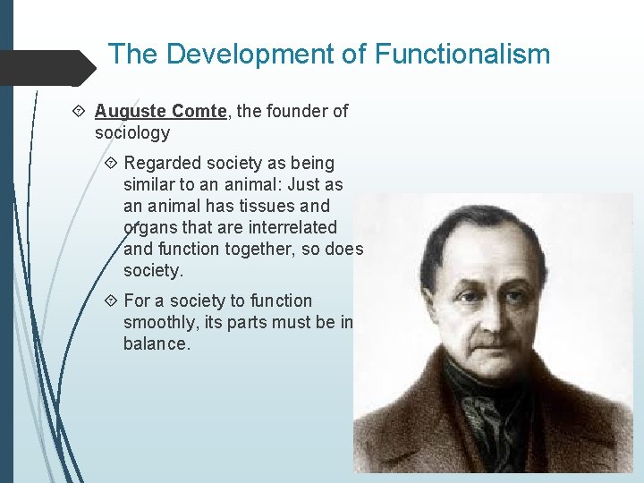 The Development of Functionalism Auguste Comte, the founder of sociology Regarded society as being