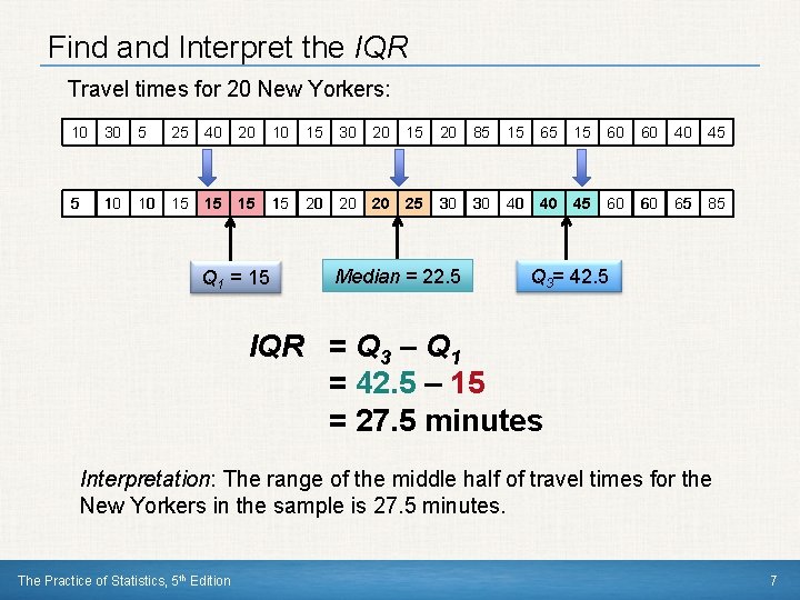 Find and Interpret the IQR Travel times for 20 New Yorkers: 10 30 5