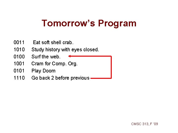 Tomorrow’s Program 0011 1010 0100 1001 0101 1110 Eat soft shell crab. Study history