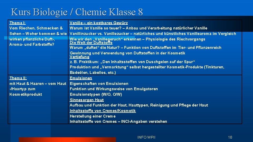 Kurs Biologie / Chemie Klasse 8 Thema I: Vom Riechen, Schmecken & Sehen –