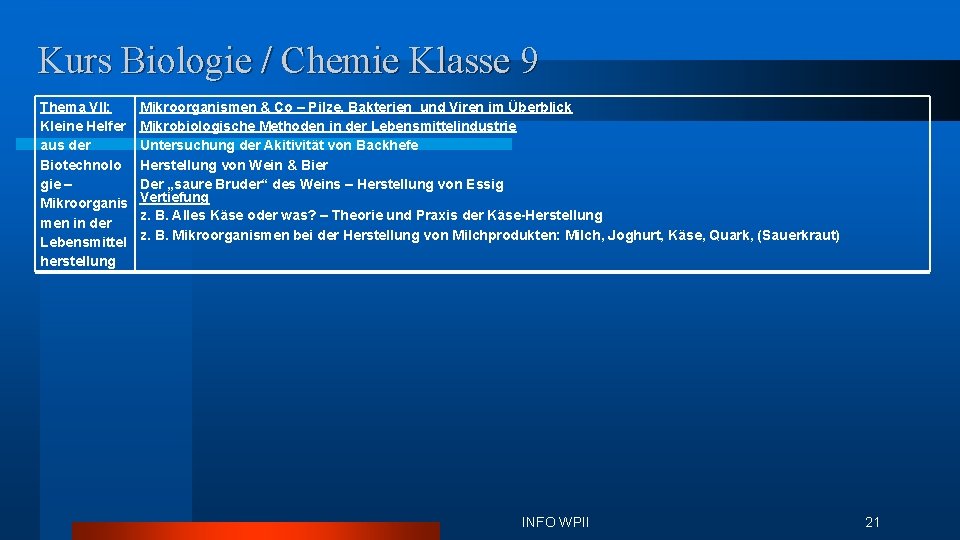 Kurs Biologie / Chemie Klasse 9 Thema VII: Kleine Helfer aus der Biotechnolo gie