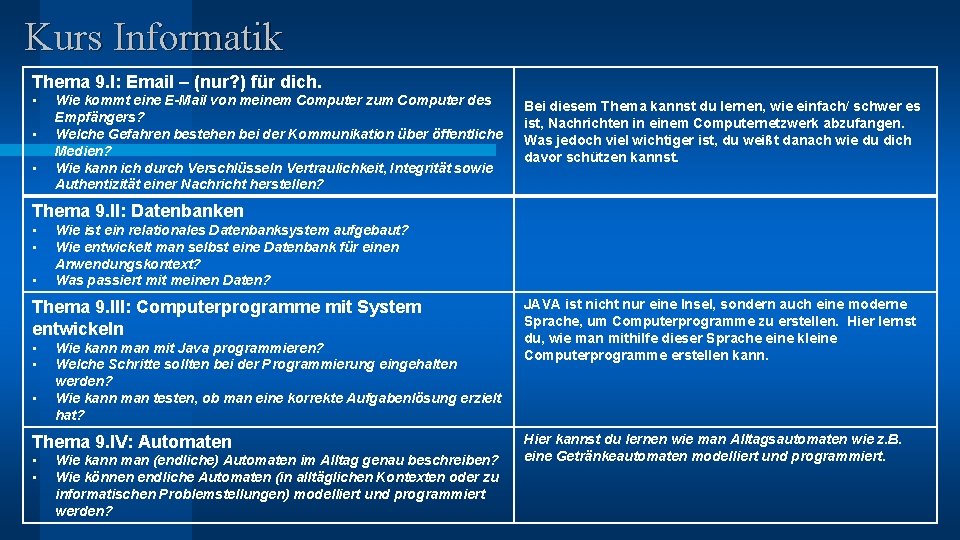 Kurs Informatik Thema 9. I: Email – (nur? ) für dich. • • •