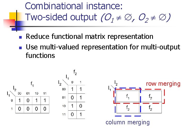 Combinational instance: Two-sided output (O 1 , O 2 ) n n Reduce functional