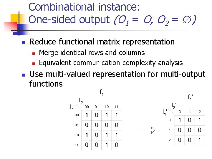 Combinational instance: One-sided output (O 1 = O, O 2 = ) n Reduce