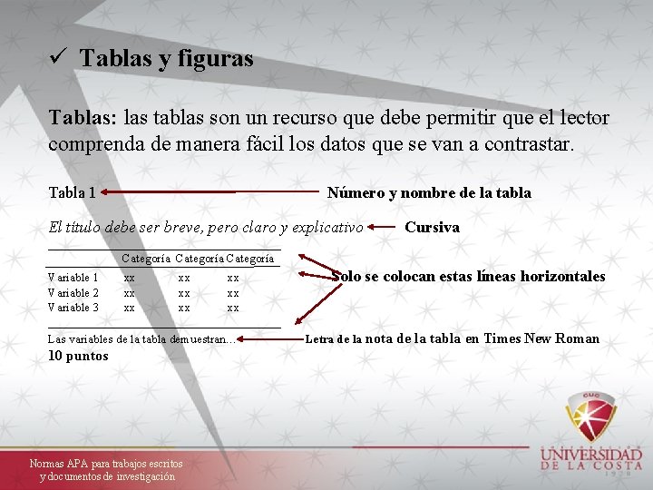 ü Tablas y figuras Tablas: las tablas son un recurso que debe permitir que