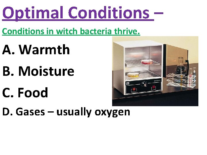 Optimal Conditions – Conditions in witch bacteria thrive. A. Warmth B. Moisture C. Food