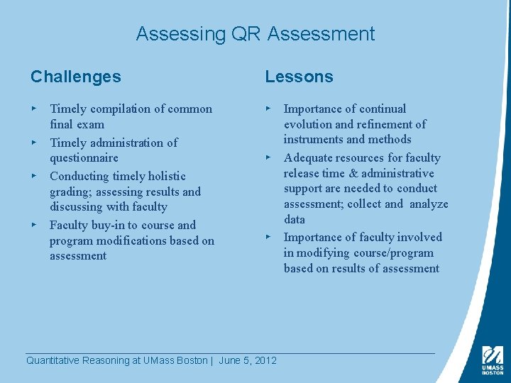 Assessing QR Assessment Challenges Lessons ▸ Timely compilation of common final exam ▸ Timely