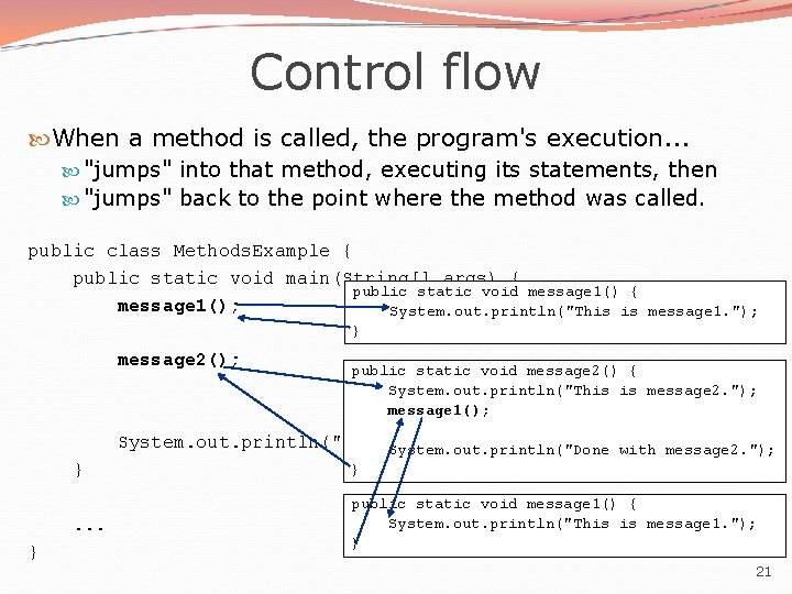 Control flow When a method is called, the program's execution. . . "jumps" into