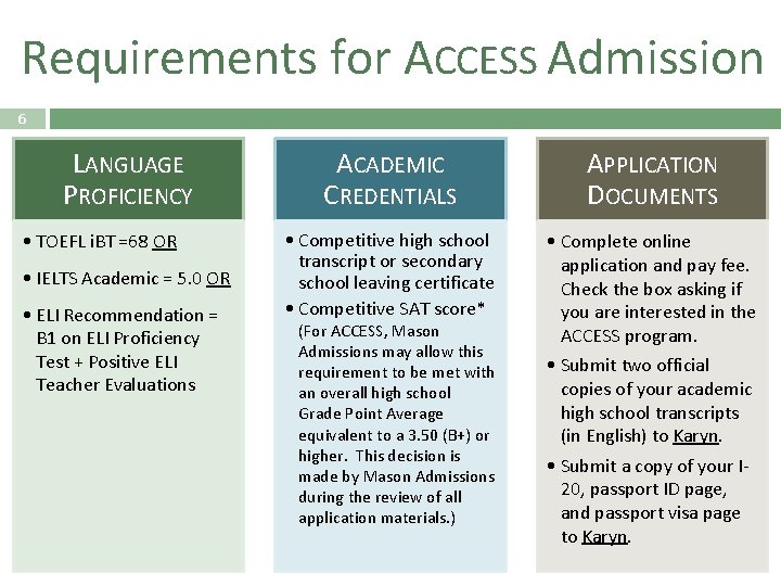 Requirements for ACCESS Admission 6 LANGUAGE PROFICIENCY • TOEFL i. BT =68 OR •