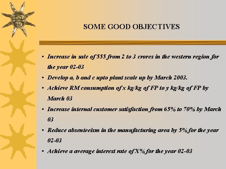 SOME GOOD OBJECTIVES • Increase in sale of 555 from 2 to 3 crores