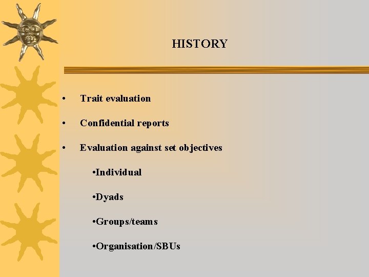HISTORY • Trait evaluation • Confidential reports • Evaluation against set objectives • Individual