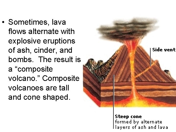  • Sometimes, lava flows alternate with explosive eruptions of ash, cinder, and bombs.