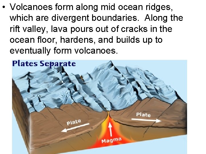  • Volcanoes form along mid ocean ridges, which are divergent boundaries. Along the