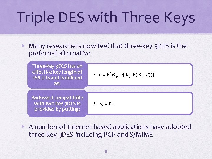Triple DES with Three Keys • Many researchers now feel that three-key 3 DES
