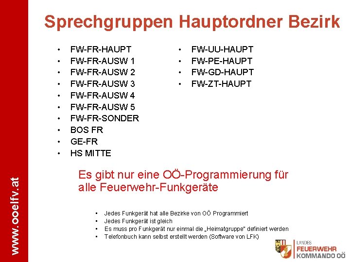 Sprechgruppen Hauptordner Bezirk www. ooelfv. at • • • FW-FR-HAUPT FW-FR-AUSW 1 FW-FR-AUSW 2