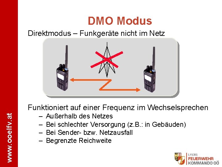 DMO Modus Direktmodus – Funkgeräte nicht im Netz www. ooelfv. at Funktioniert auf einer