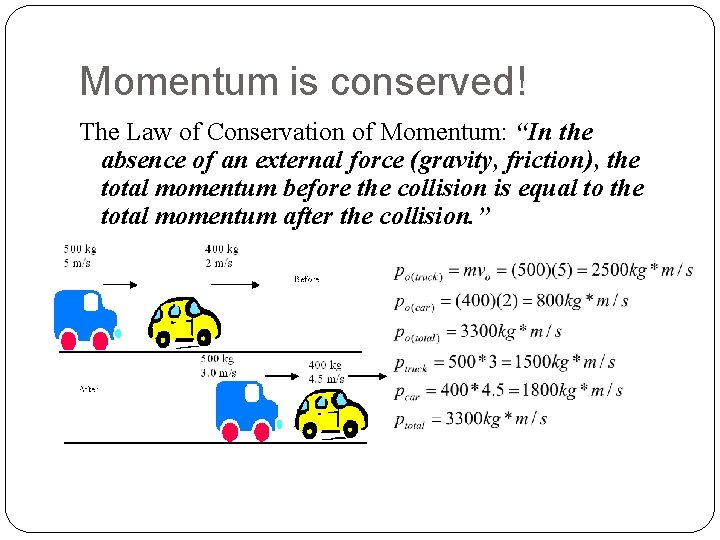 Momentum is conserved! The Law of Conservation of Momentum: “In the absence of an
