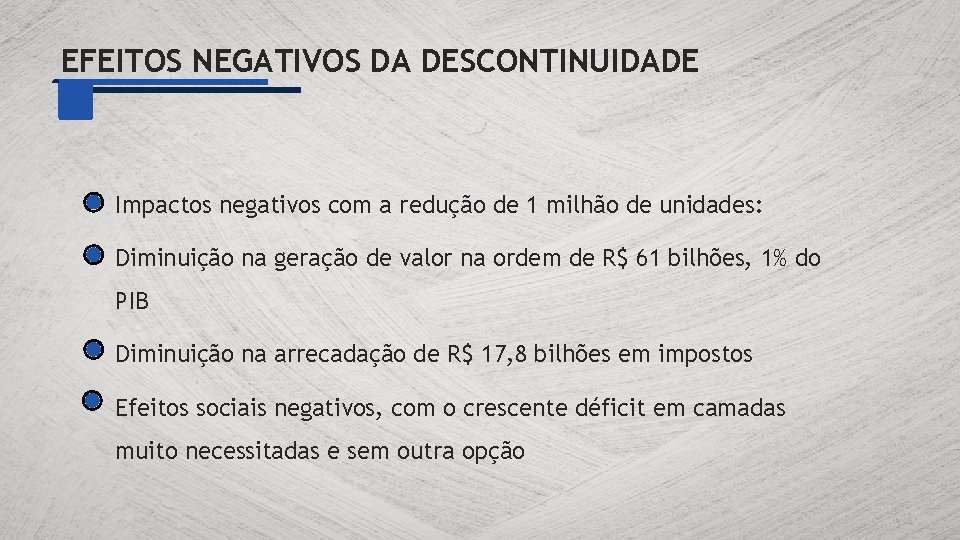 EFEITOS NEGATIVOS DA DESCONTINUIDADE Impactos negativos com a redução de 1 milhão de unidades: