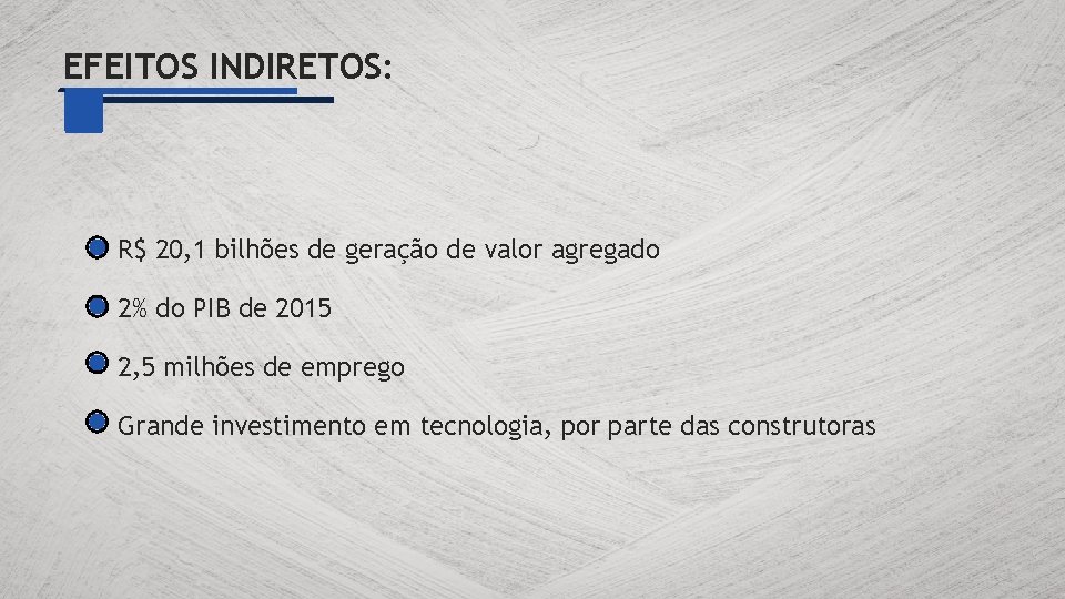 EFEITOS INDIRETOS: R$ 20, 1 bilhões de geração de valor agregado 2% do PIB