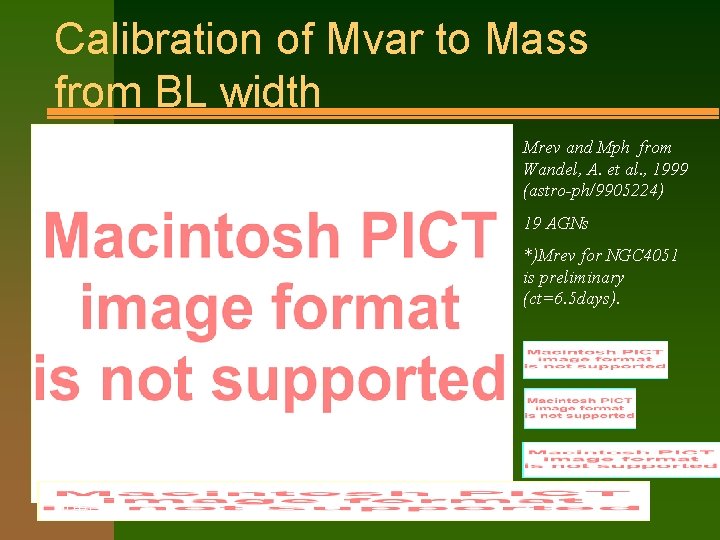 Calibration of Mvar to Mass from BL width Mrev and Mph from Wandel, A.