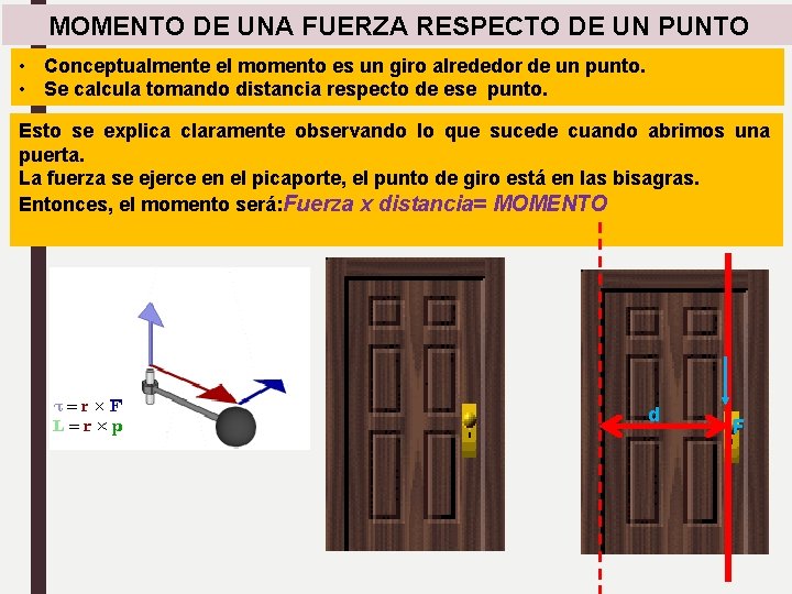 MOMENTO DE UNA FUERZA RESPECTO DE UN PUNTO • Conceptualmente el momento es un