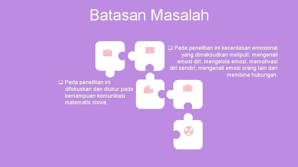 Batasan Masalah q Pada penelitian ini kecerdasan emosional yang dimaksudkan meliputi: mengenali emosi diri,