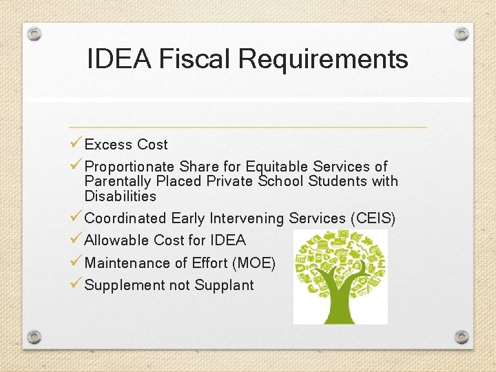 IDEA Fiscal Requirements ü Excess Cost ü Proportionate Share for Equitable Services of Parentally