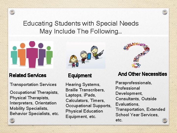 Educating Students with Special Needs May Include The Following… Related Services Transportation Services Occupational