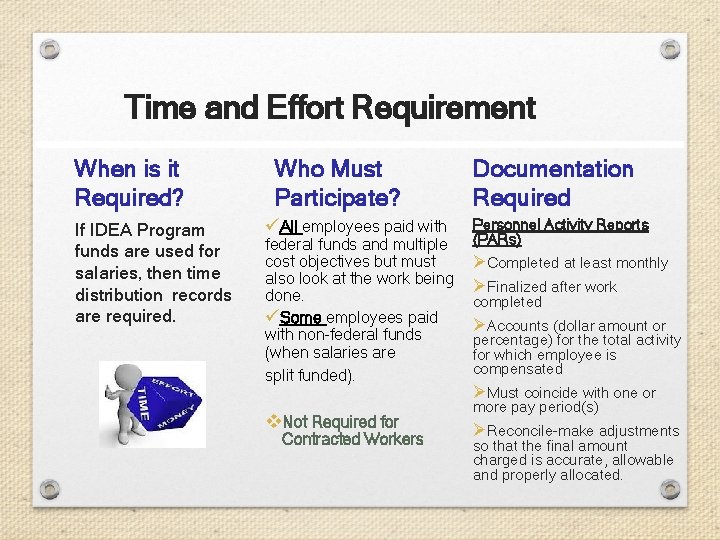 Time and Effort Requirement When is it Required? If IDEA Program funds are used