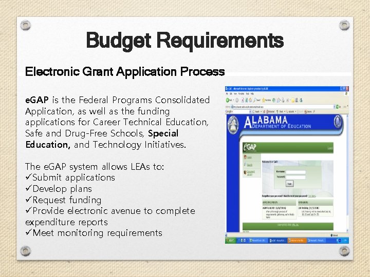 Budget Requirements Electronic Grant Application Process e. GAP is the Federal Programs Consolidated Application,