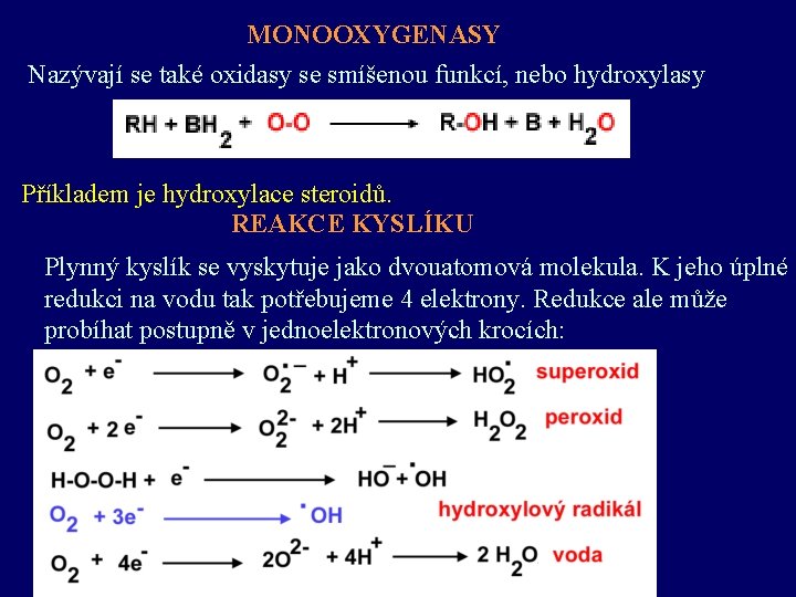 MONOOXYGENASY Nazývají se také oxidasy se smíšenou funkcí, nebo hydroxylasy Příkladem je hydroxylace steroidů.