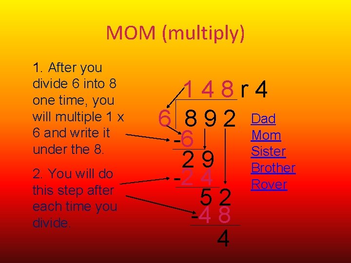 MOM (multiply) 1. After you divide 6 into 8 one time, you will multiple