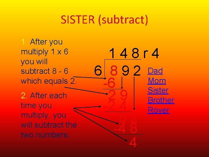 SISTER (subtract) 1. After you multiply 1 x 6 you will subtract 8 -